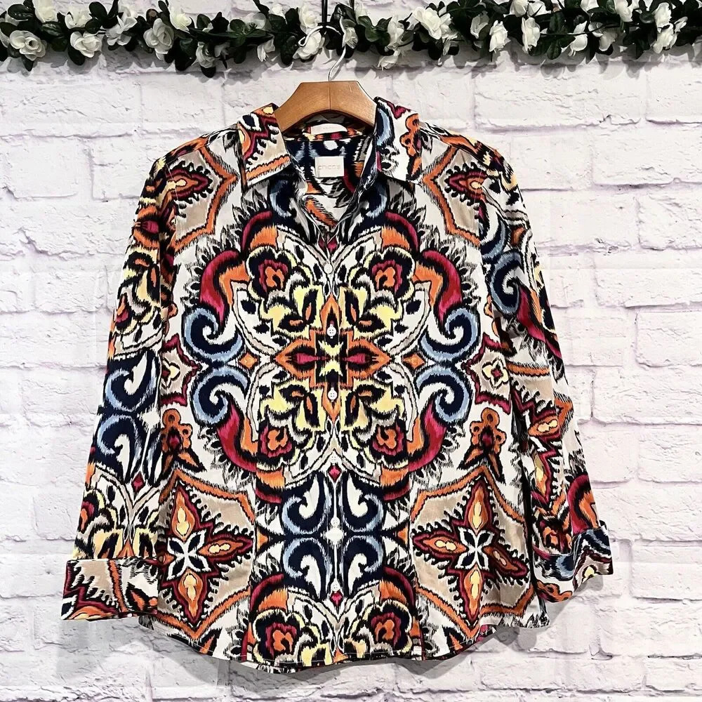 Chicos Non Iron Button Up Long Sleeve Blouse Size 0 Small Cotton Multicolor